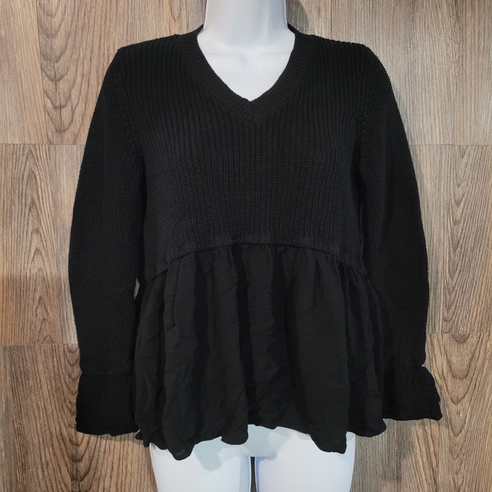 Rag Poets Ruffle Hem Knit Sweater Size S Black LS Rib Knit Goth Dark Romantic